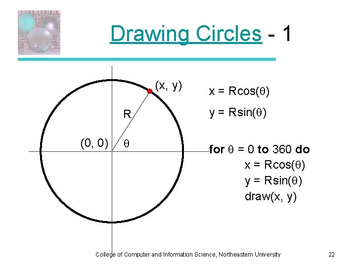 Drawing Circles - 1 (x, y) (0, 0) x = Rcos( ) R y