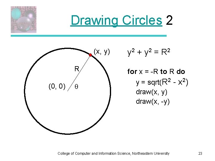 Drawing Circles 2 (x, y) R (0, 0) y 2 + y 2 =