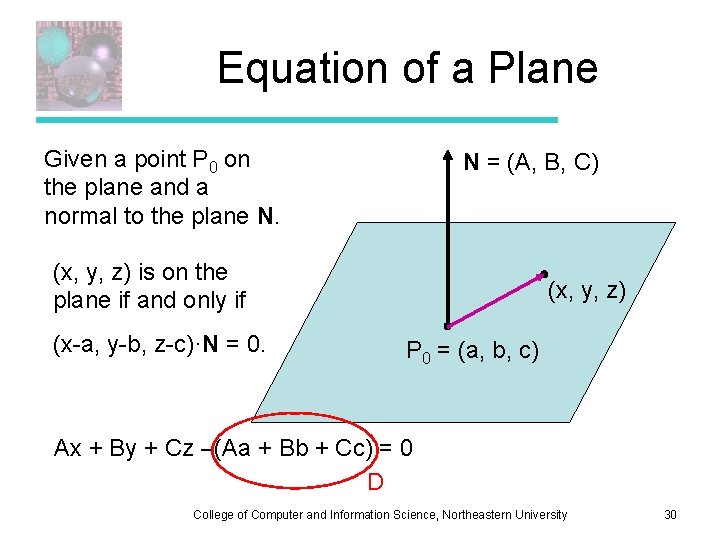 Equation of a Plane Given a point P 0 on the plane and a