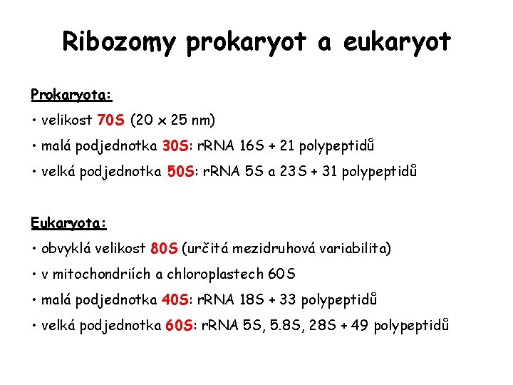 Ribozomy prokaryot a eukaryot Prokaryota: • velikost 70 S (20 x 25 nm) • Ribozomy prokaryot a eukaryot Prokaryota: • velikost 70 S (20 x 25 nm) •