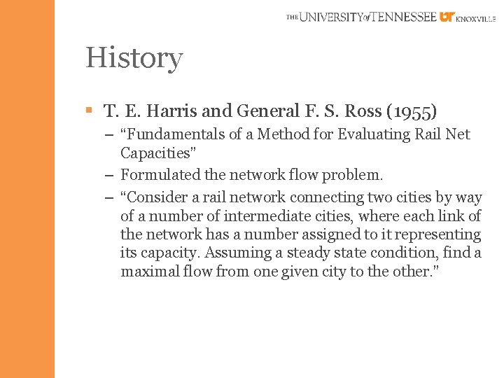 History § T. E. Harris and General F. S. Ross (1955) – “Fundamentals of