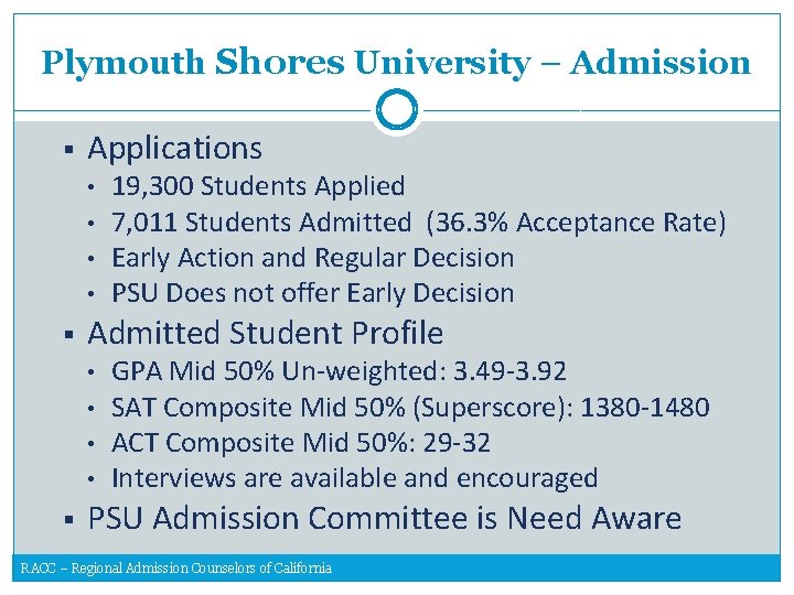 Plymouth Shores University – Admission § Applications • • § Admitted Student Profile •