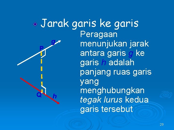 Jarak garis ke garis P Q g h Peragaan menunjukan jarak antara garis g