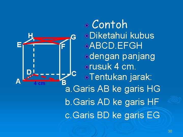 Contoh H E D A Diketahui kubus ABCD. EFGH F dengan panjang rusuk 4