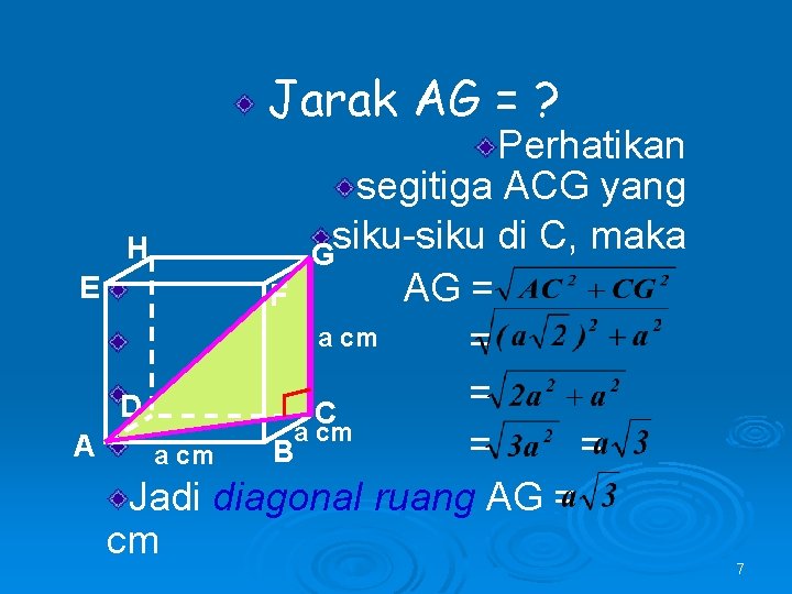 Jarak AG = ? Perhatikan segitiga ACG yang siku-siku di C, maka H G