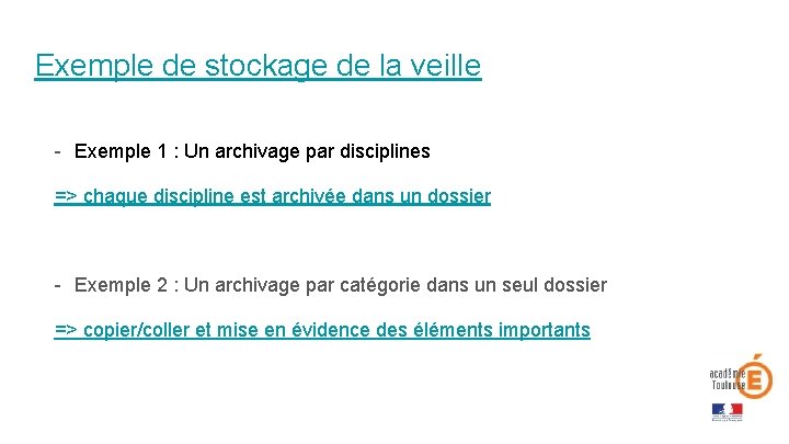 Exemple de stockage de la veille - Exemple 1 : Un archivage par disciplines