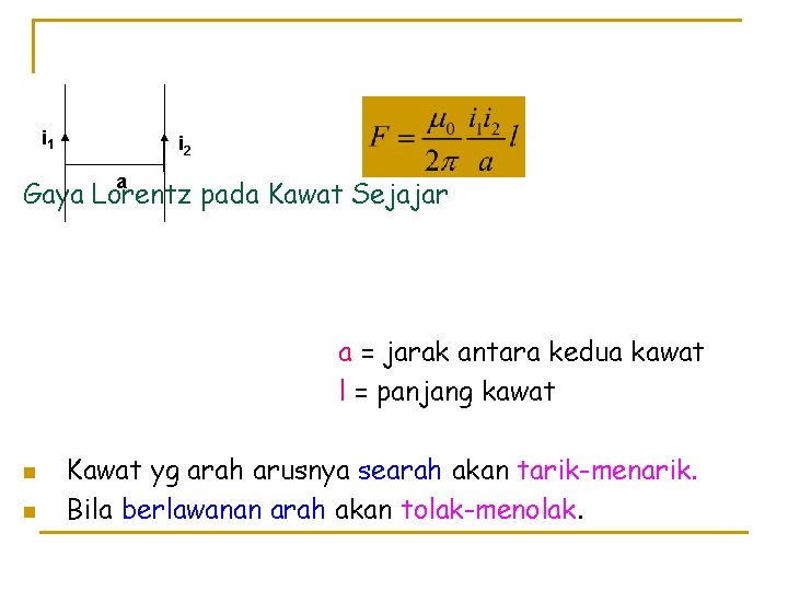 i 1 i 2 a Gaya Lorentz pada Kawat Sejajar a = jarak antara