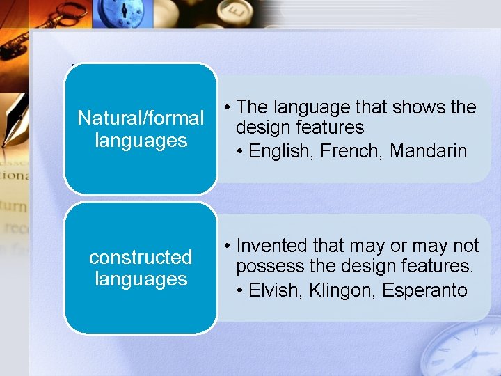 . • The language that shows the Natural/formal design features languages • English, French,