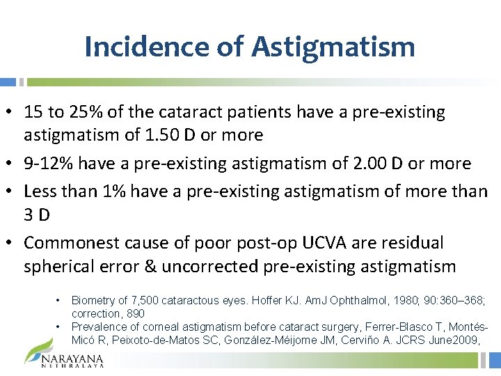 Incidence of Astigmatism • 15 to 25% of the cataract patients have a pre-existing