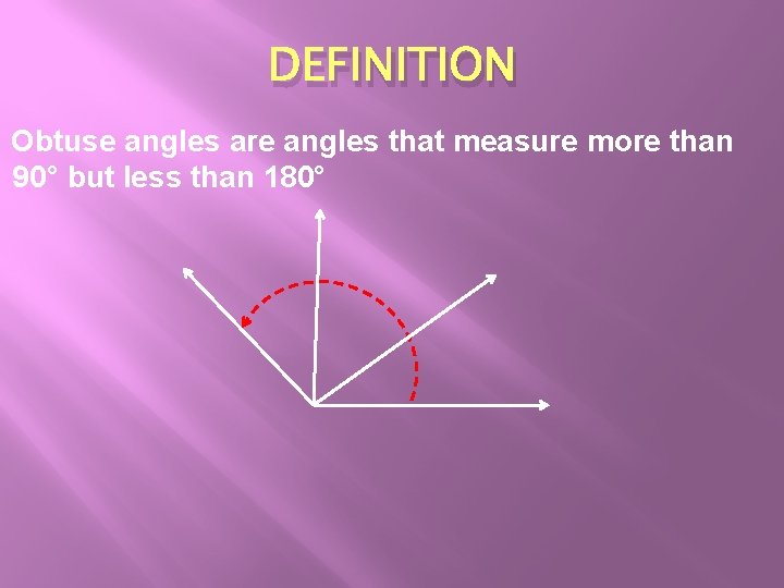 DEFINITION Obtuse angles are angles that measure more than 90° but less than 180° DEFINITION Obtuse angles are angles that measure more than 90° but less than 180°
