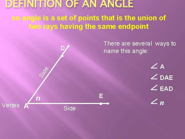 DEFINITION OF AN ANGLE An angle is a set of points that is the DEFINITION OF AN ANGLE An angle is a set of points that is the