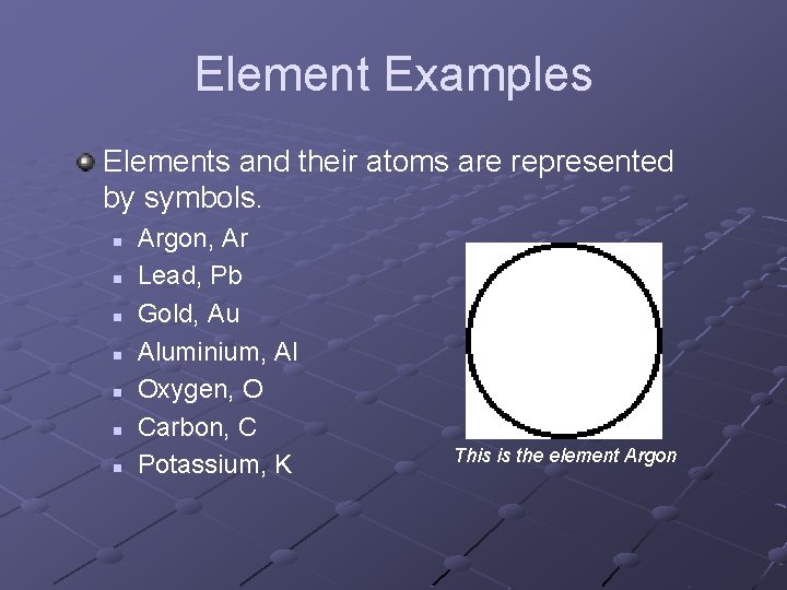 Element Examples Elements and their atoms are represented by symbols. n n n n