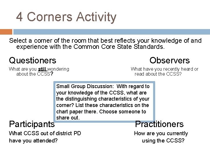 4 Corners Activity Select a corner of the room that best reflects your knowledge