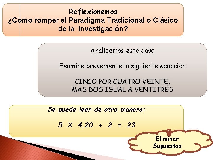 Reflexionemos ¿Cómo romper el Paradigma Tradicional o Clásico de la Investigación? Analicemos este caso Reflexionemos ¿Cómo romper el Paradigma Tradicional o Clásico de la Investigación? Analicemos este caso