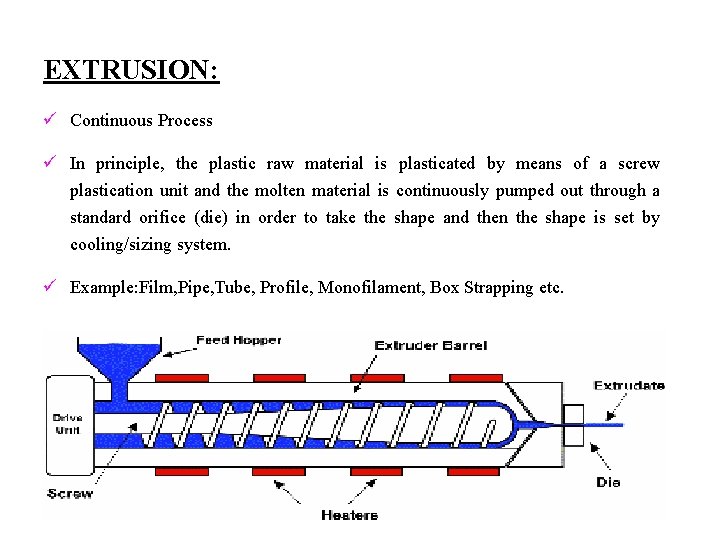 EXTRUSION: ü Continuous Process ü In principle, the plastic raw material is plasticated by