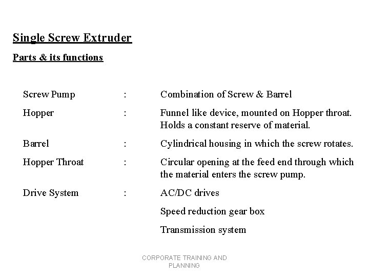 Single Screw Extruder Parts & its functions Screw Pump : Combination of Screw &