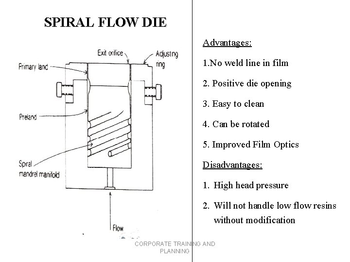 SPIRAL FLOW DIE Advantages: 1. No weld line in film 2. Positive die opening