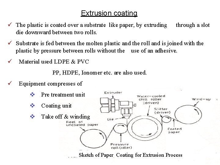 Extrusion coating ü The plastic is coated over a substrate like paper, by extruding