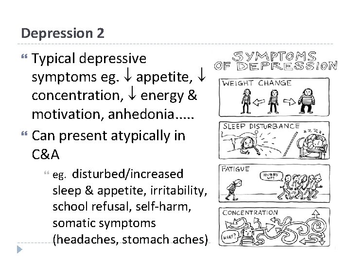 Depression 2 Typical depressive symptoms eg. appetite, concentration, energy & motivation, anhedonia. . .