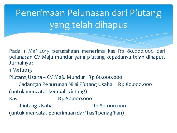 Penerimaan Pelunasan dari Piutang yang telah dihapus Pada 1 Mei 2015 perusahaan menerima kas