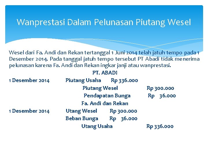 Wanprestasi Dalam Pelunasan Piutang Wesel dari Fa. Andi dan Rekan tertanggal 1 Juni 2014