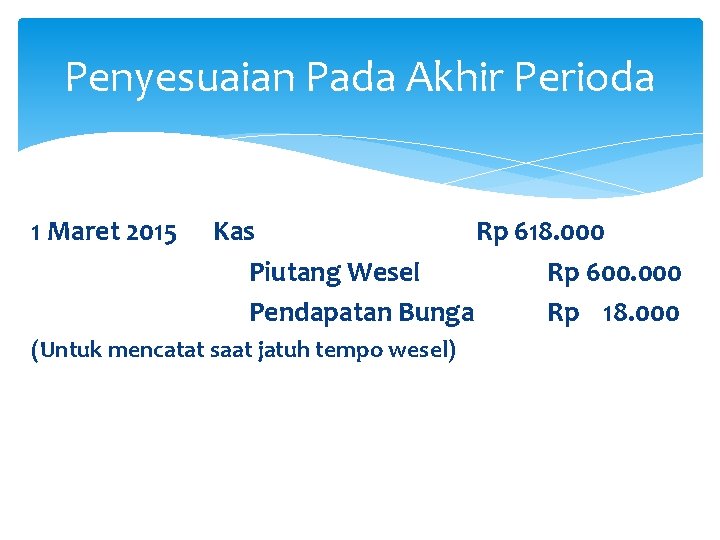 Penyesuaian Pada Akhir Perioda 1 Maret 2015 Kas Rp 618. 000 Piutang Wesel Rp