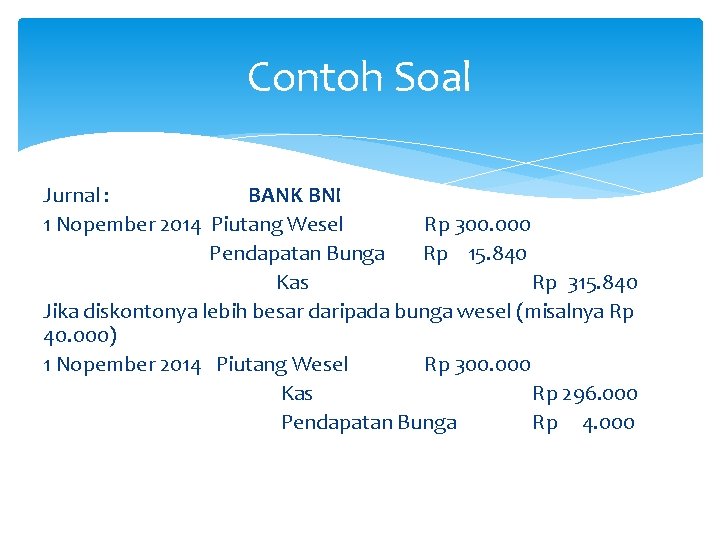 Contoh Soal Jurnal : BANK BNI 1 Nopember 2014 Piutang Wesel Rp 300. 000