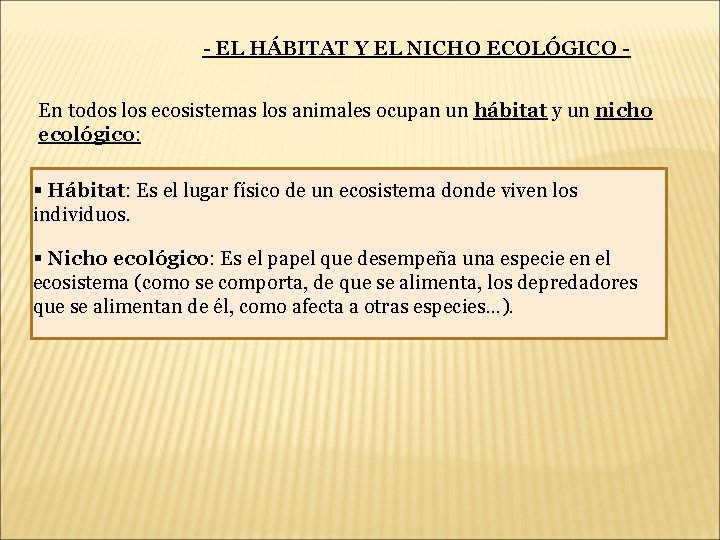 - EL HÁBITAT Y EL NICHO ECOLÓGICO En todos los ecosistemas los animales ocupan