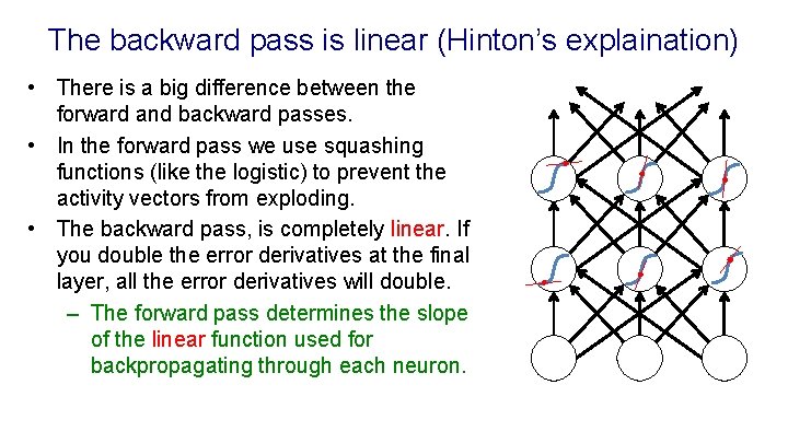 The backward pass is linear (Hinton’s explaination) • There is a big difference between