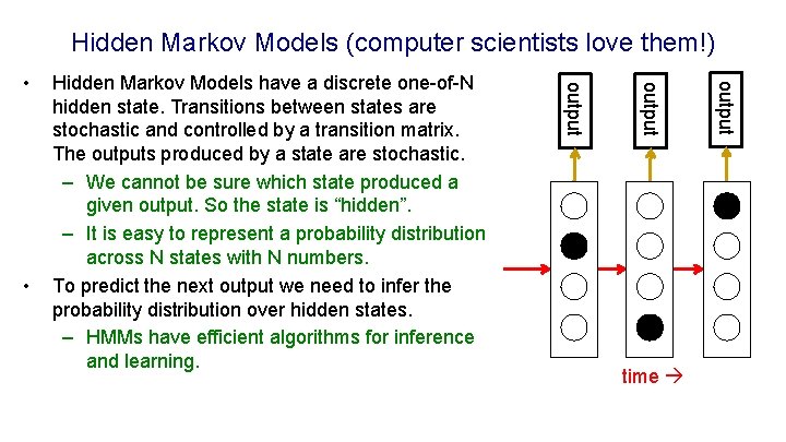 Hidden Markov Models (computer scientists love them!) time output • Hidden Markov Models have