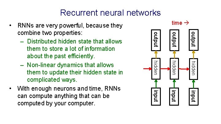 Recurrent neural networks time output hidden input • RNNs are very powerful, because they