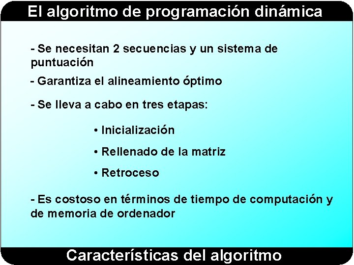 El algoritmo de programación dinámica - Se necesitan 2 secuencias y un sistema de