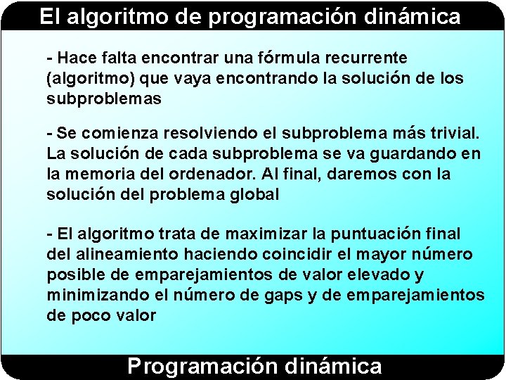 El algoritmo de programación dinámica - Hace falta encontrar una fórmula recurrente (algoritmo) que