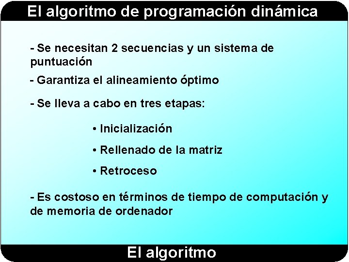 El algoritmo de programación dinámica - Se necesitan 2 secuencias y un sistema de