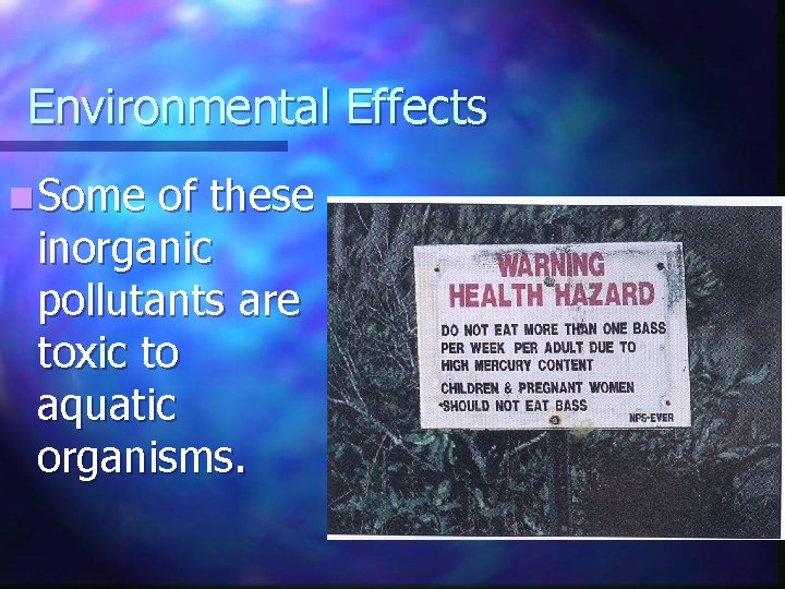 Environmental Effects n Some of these inorganic pollutants are toxic to aquatic organisms. 