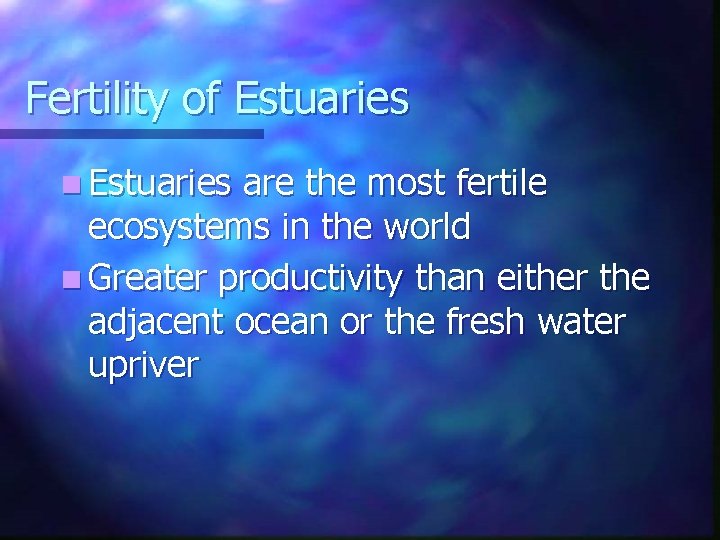 Fertility of Estuaries n Estuaries are the most fertile ecosystems in the world n
