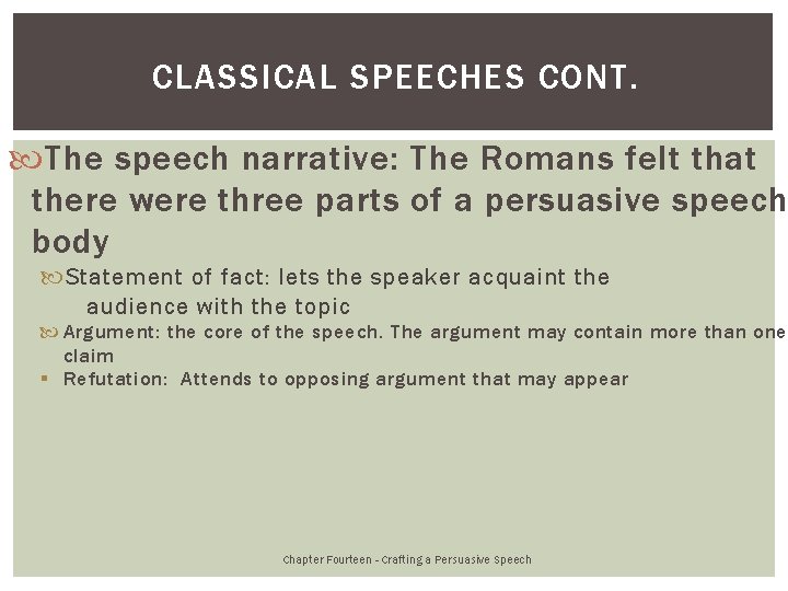 CLASSICAL SPEECHES CONT. The speech narrative: The Romans felt that there were three parts
