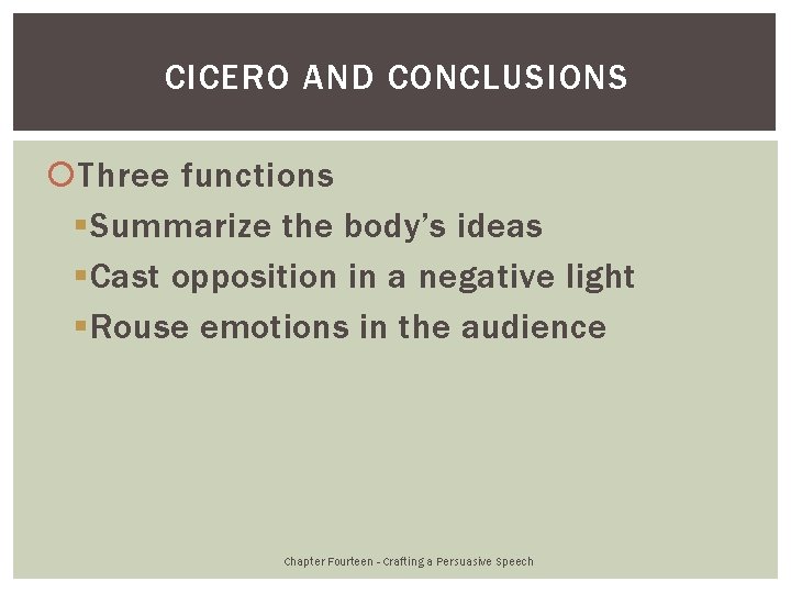 CICERO AND CONCLUSIONS Three functions § Summarize the body’s ideas § Cast opposition in