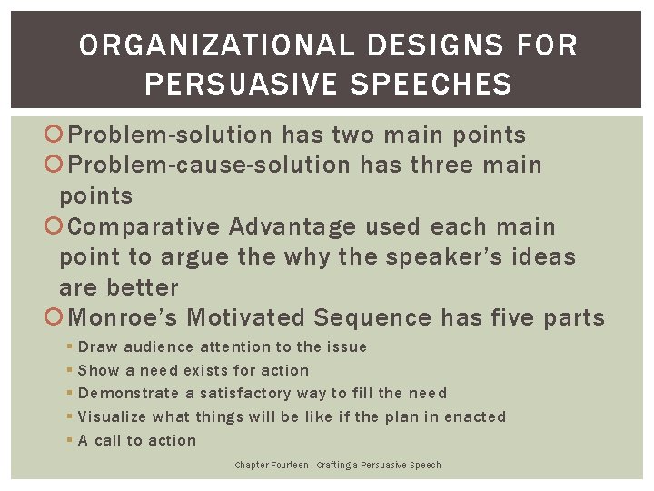 ORGANIZATIONAL DESIGNS FOR PERSUASIVE SPEECHES Problem-solution has two main points Problem-cause-solution has three main