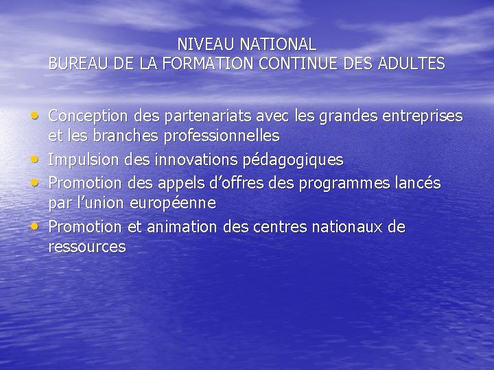 NIVEAU NATIONAL BUREAU DE LA FORMATION CONTINUE DES ADULTES • Conception des partenariats avec