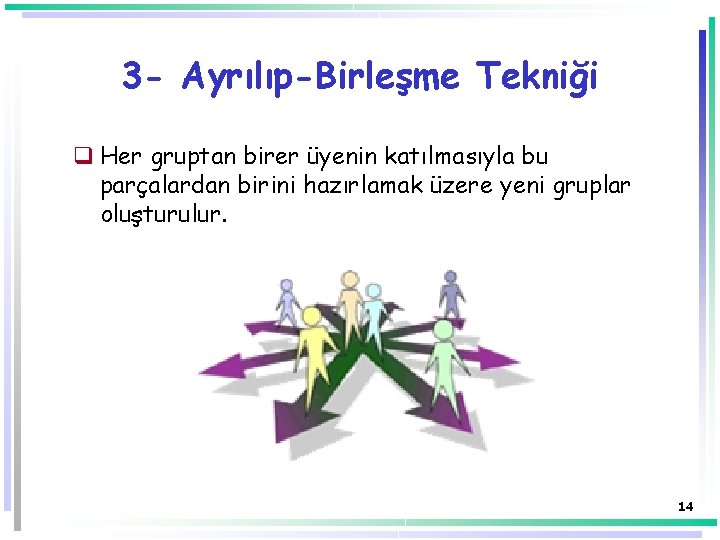 3 - Ayrılıp-Birleşme Tekniği q Her gruptan birer üyenin katılmasıyla bu parçalardan birini hazırlamak 3 - Ayrılıp-Birleşme Tekniği q Her gruptan birer üyenin katılmasıyla bu parçalardan birini hazırlamak