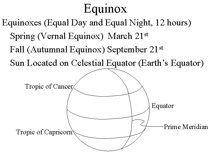 Equinoxes (Equal Day and Equal Night, 12 hours) Spring (Vernal Equinox) March 21 st