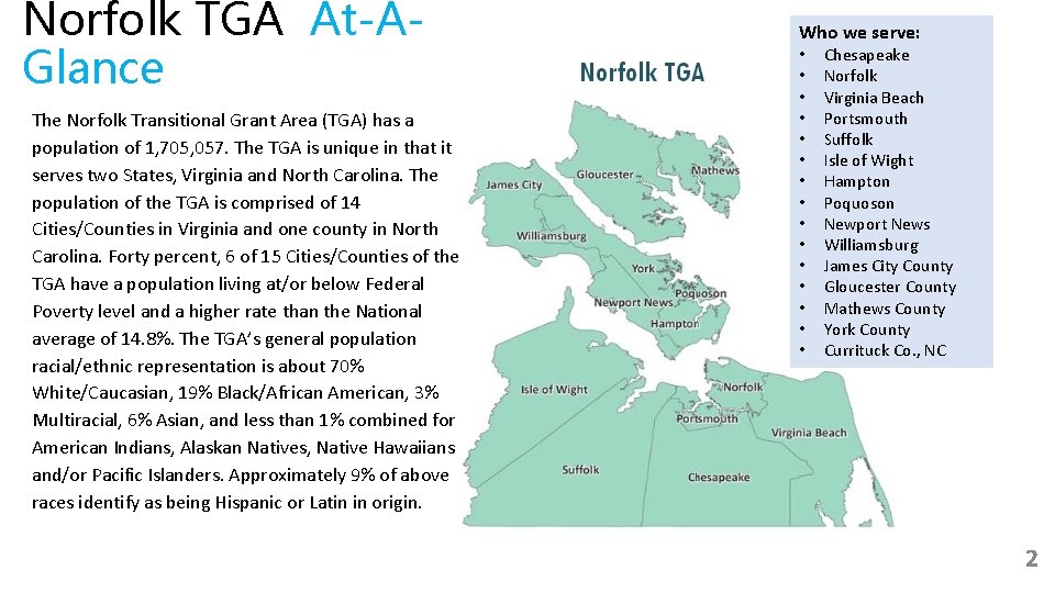 Norfolk TGA At-AGlance The Norfolk Transitional Grant Area (TGA) has a population of 1,
