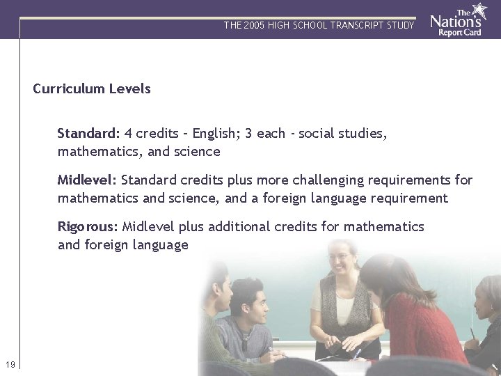 THE 2005 HIGH SCHOOL TRANSCRIPT STUDY Curriculum Levels Standard: 4 credits – English; 3