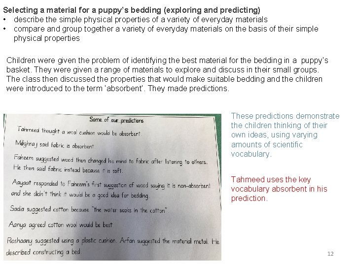 Selecting a material for a puppy’s bedding (exploring and predicting) • describe the simple