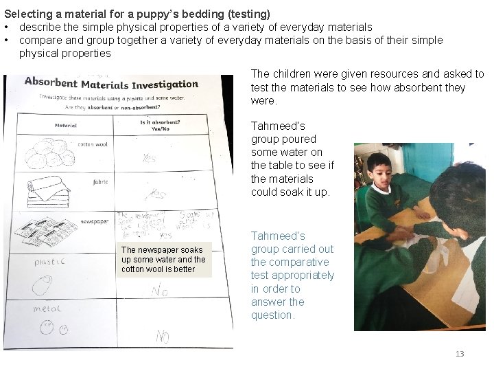 Selecting a material for a puppy’s bedding (testing) • describe the simple physical properties