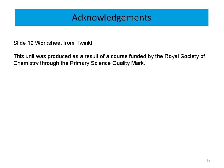 Acknowledgements Slide 12 Worksheet from Twinkl This unit was produced as a result of
