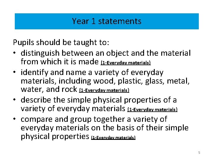 Year 1 statements Pupils should be taught to: • distinguish between an object and