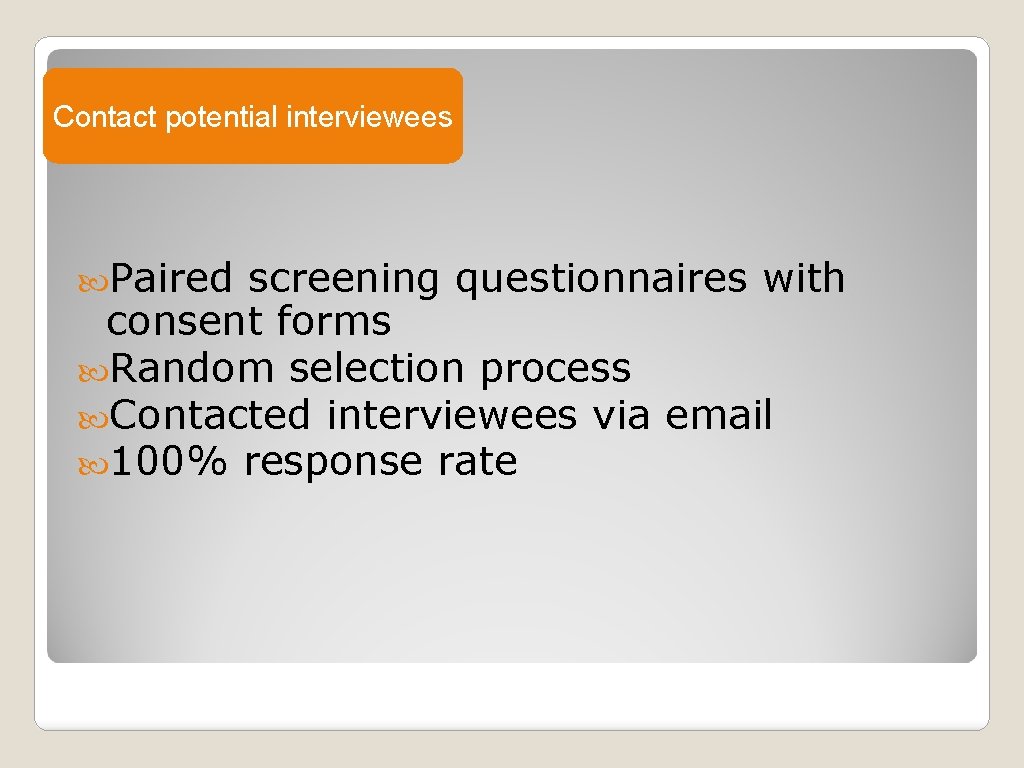 Contact potential interviewees Paired screening questionnaires with consent forms Random selection process Contacted interviewees