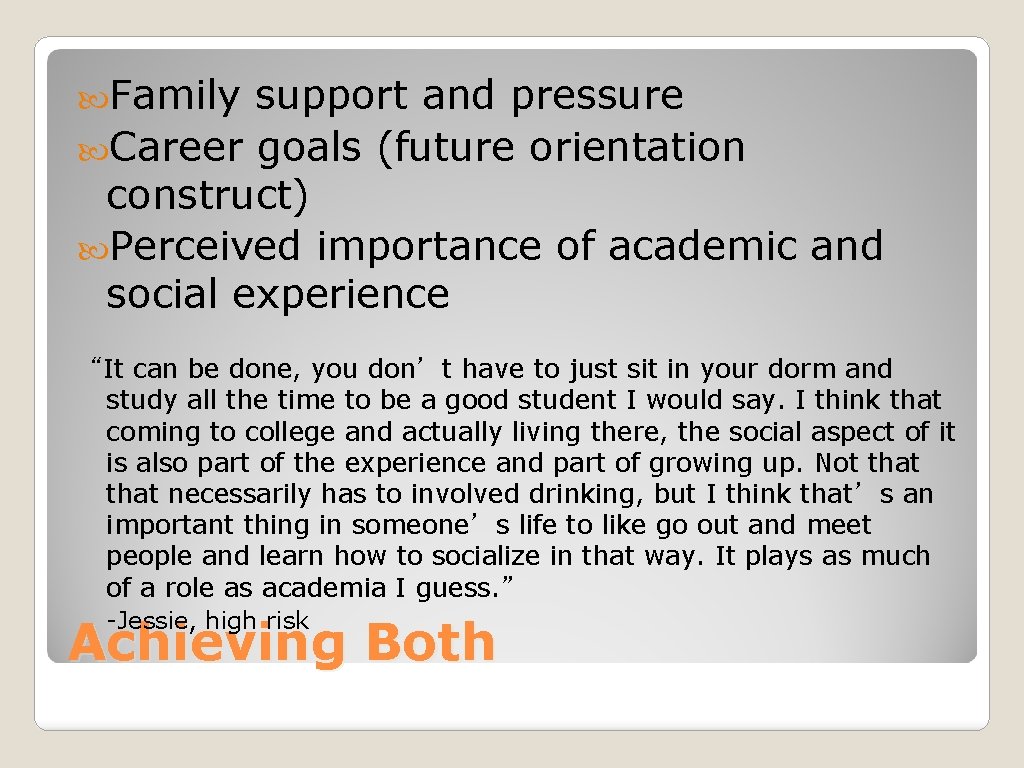  Family support and pressure Career goals (future orientation construct) Perceived importance of academic